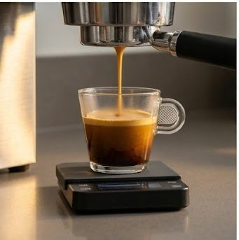 Espresso shot extracting onto a digital scale showing crema