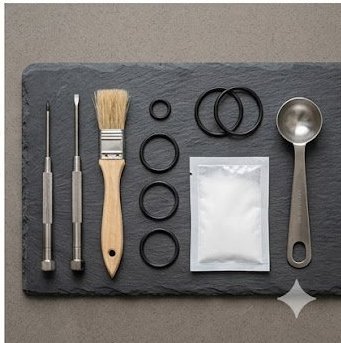 Coffee machine maintenance tools and supplies laid out for service